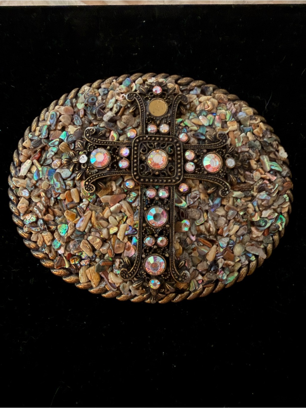 Western Belt Buckle with Cross  on iridescent Abalone